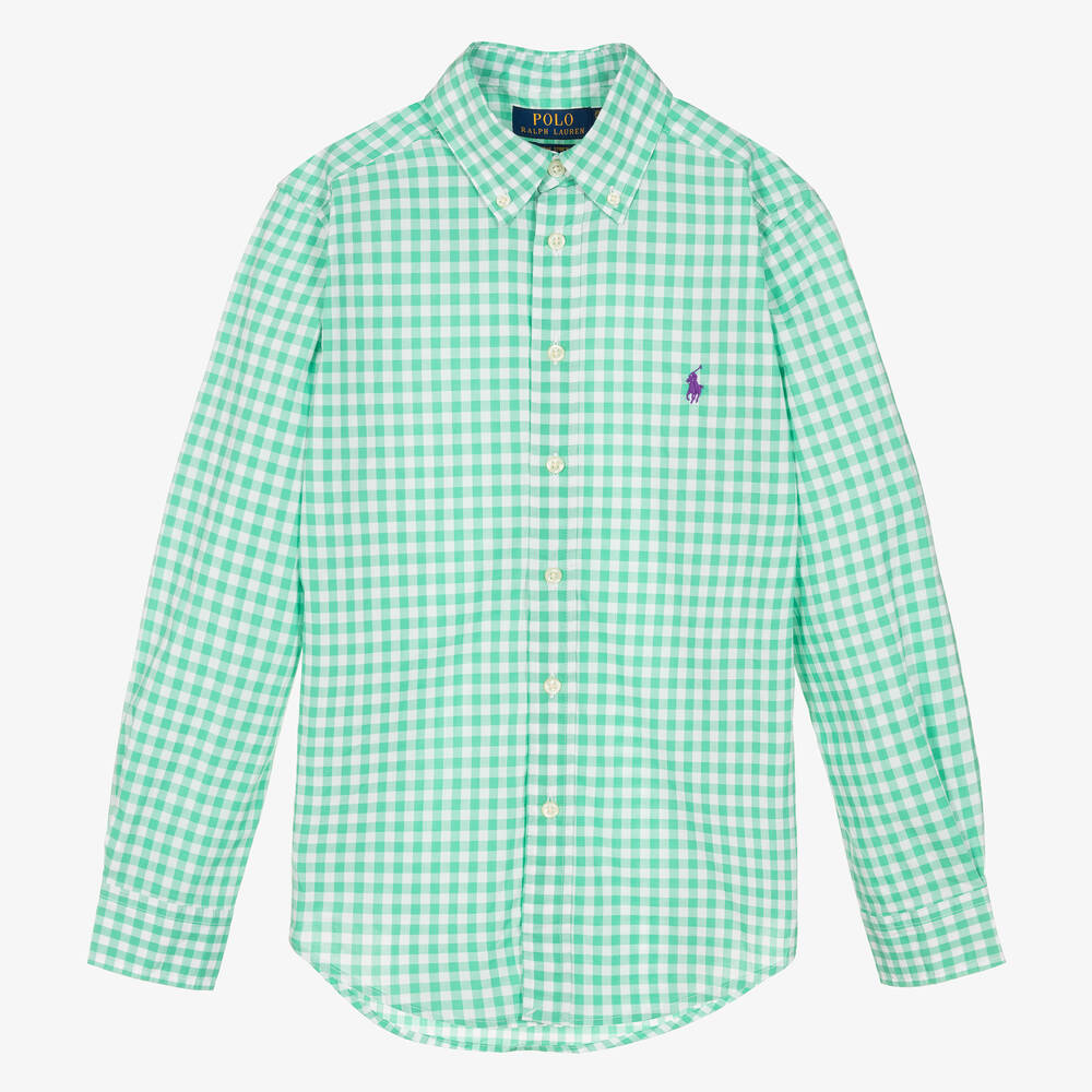 Ralph Lauren - قميص تينز ولادي قطن بوبلين كاروهات لون أخضر | Childrensalon