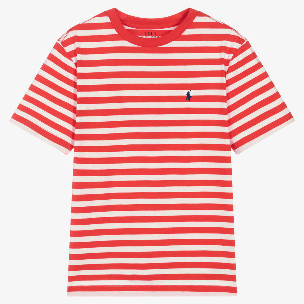 Ralph Lauren - T-shirt rouge rayé en coton ado | Childrensalon