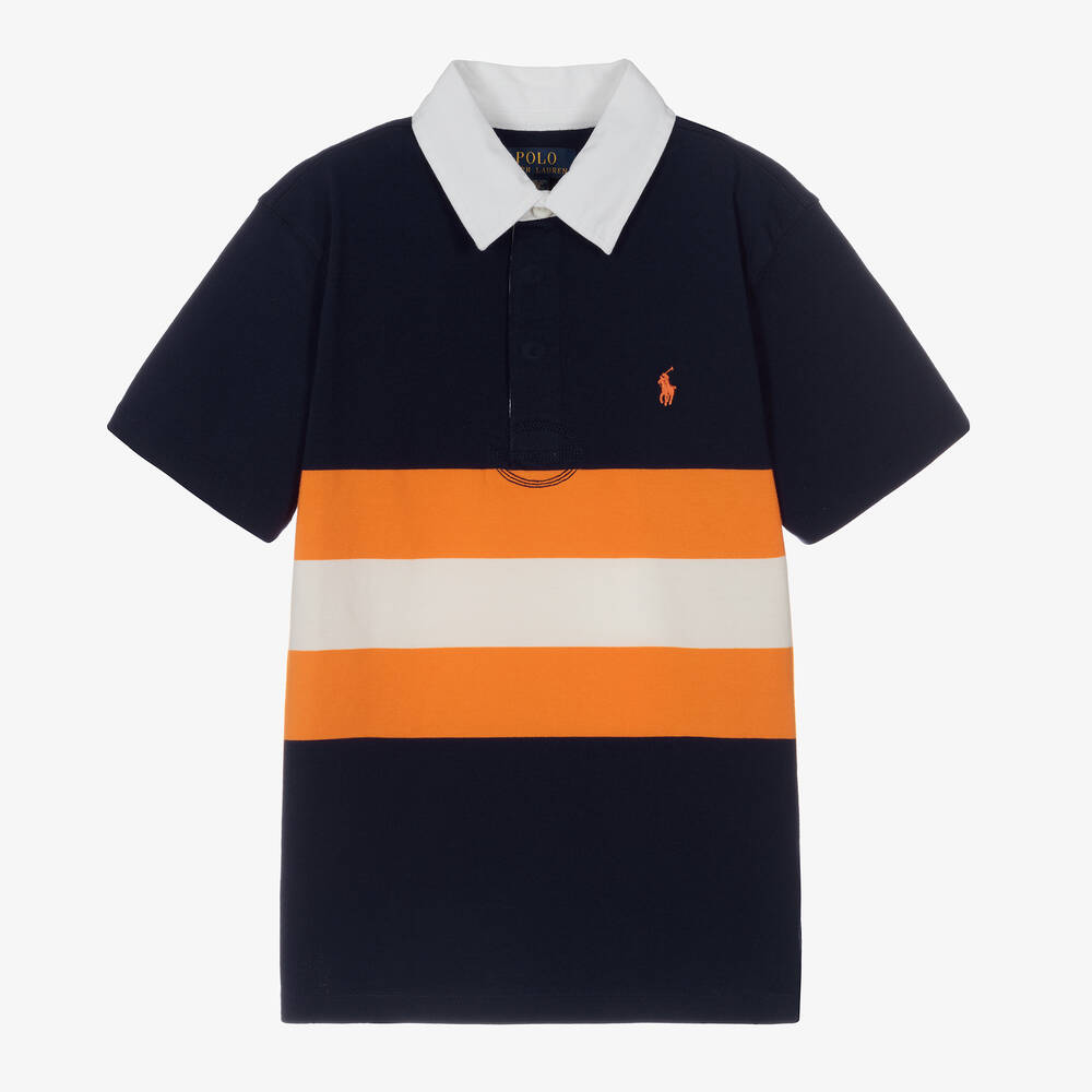 Polo Ralph Lauren - قميص رغبي تينز ولادي قطن مقلم لون كحلي وأبيض وبرتقالي | Childrensalon