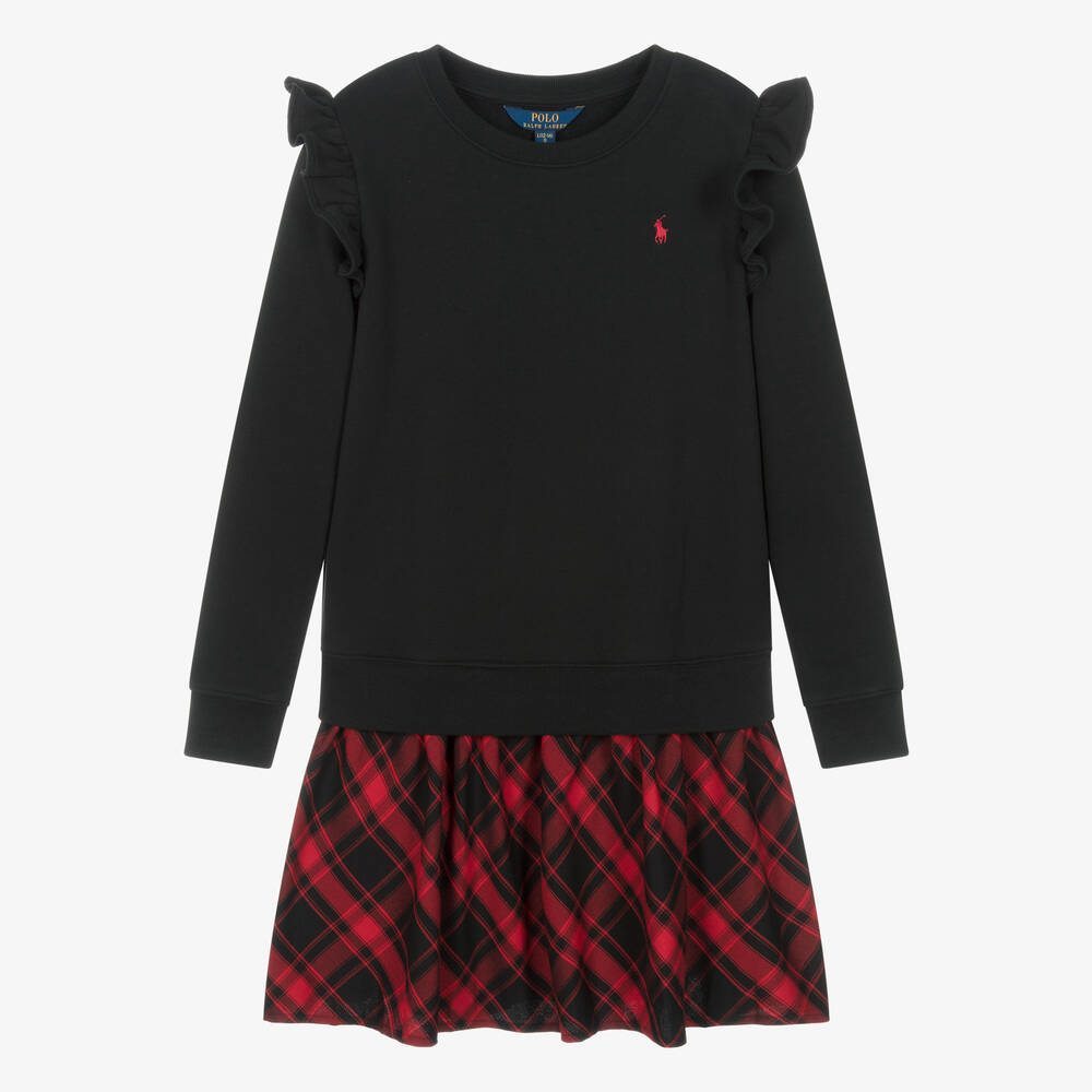 Ralph Lauren - فستان قطن وفيسكوز تارتان لون أسود وأحمر | Childrensalon