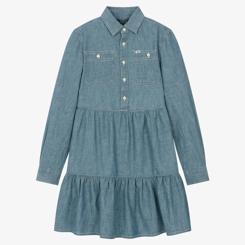Ralph Lauren - فستان قميص قطن شامبري لون أزرق تينز بناتي | Childrensalon