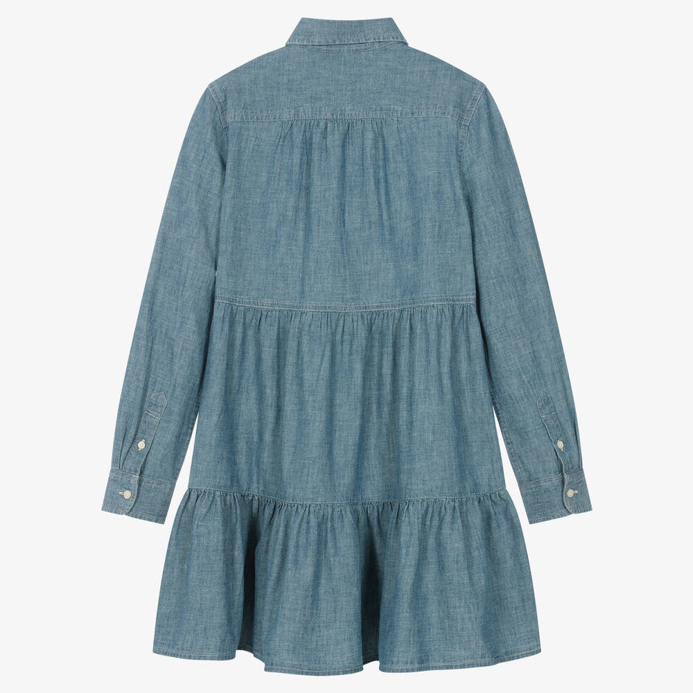 Ralph Lauren-فستان قميص قطن شامبري لون أزرق تينز بناتي | Childrensalon Outlet