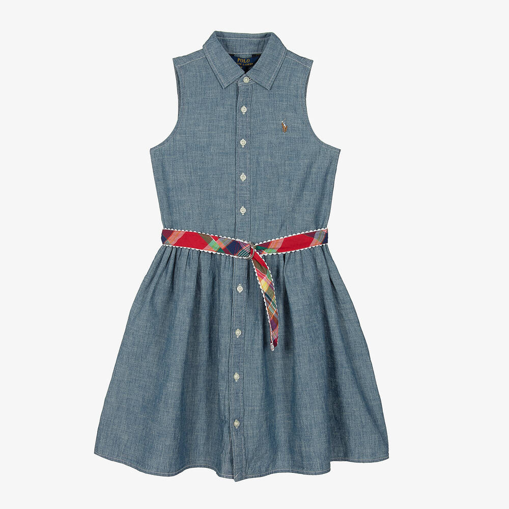 Polo Ralph Lauren - Robe bleue en chambray ado fille | Childrensalon