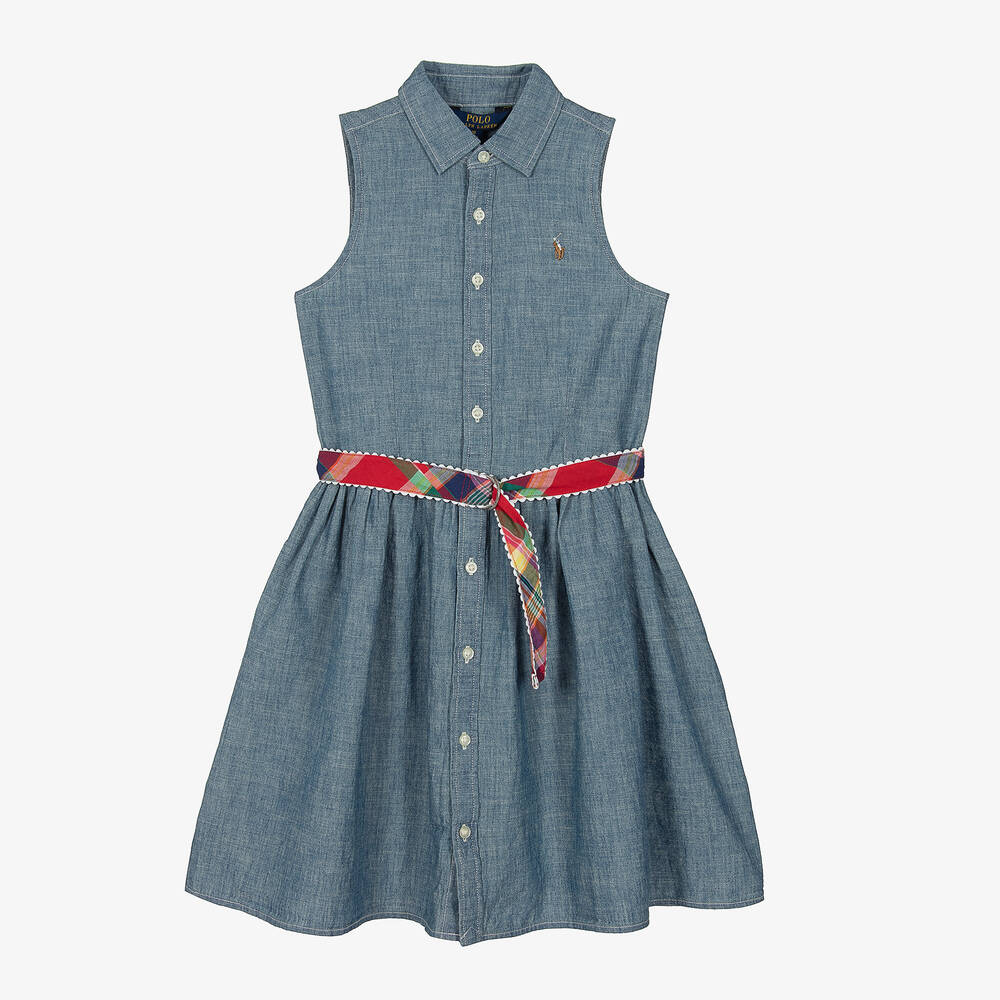Поло Ralph Lauren-Синее платье из хлопкового шамбре | Childrensalon Outlet