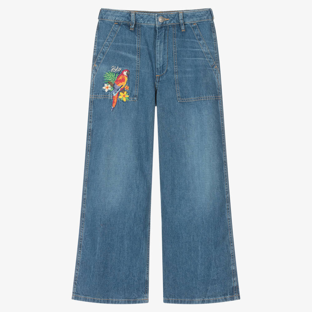 Ralph Lauren - Teen Girls Blue Mid-Wash Embroidered Jeans | Childrensalon