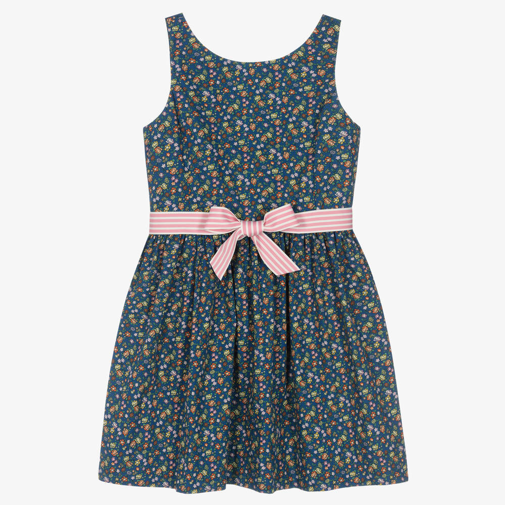 Ralph Lauren - فستان تينز بناتي قطن لون أزرق وزهري بطبعة ورود | Childrensalon