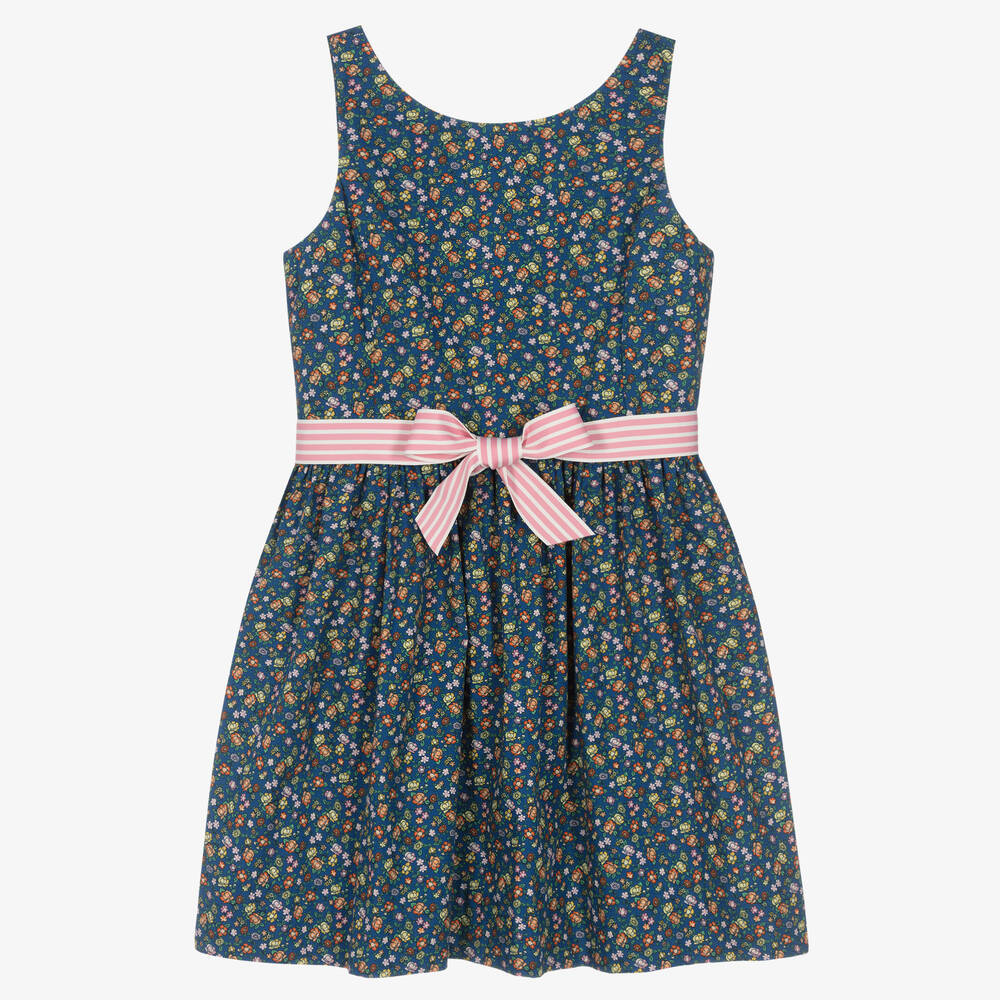 Ralph Lauren Robe coton bleu et rose fleurs Childrensalon Outlet