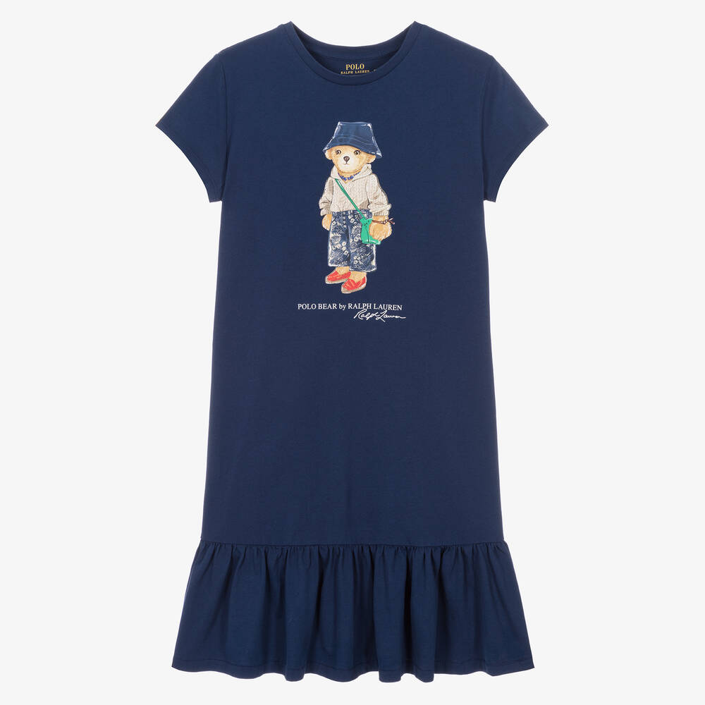 Ralph Lauren - Синее хлопковое платье с медвежонком | Childrensalon