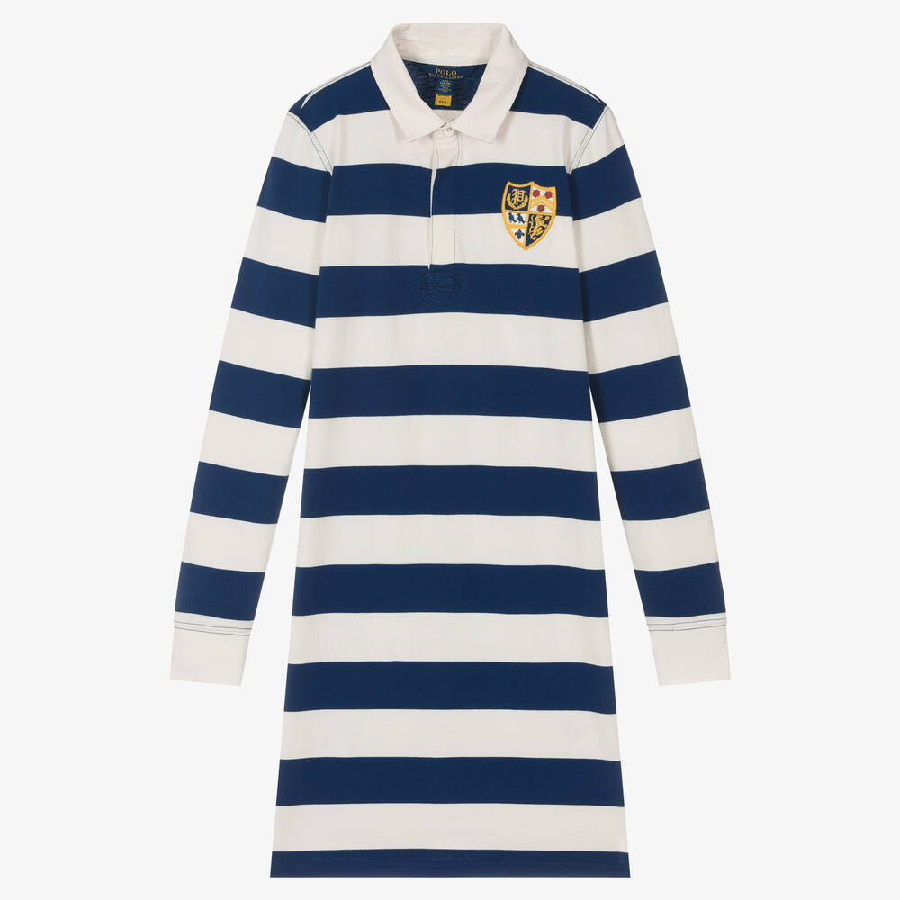 Polo Ralph Lauren - فستان تينز بناتي قطن مقلم لون كحلي وأبيض | Childrensalon