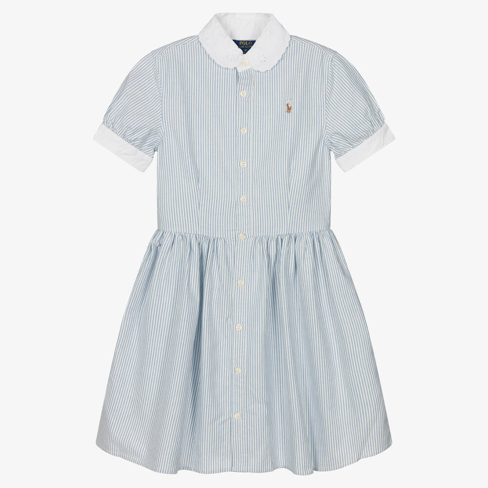 Polo Ralph Lauren - فستان تينز بناتي قطن أكسفورد تويل لون أزرق وأبيض | Childrensalon