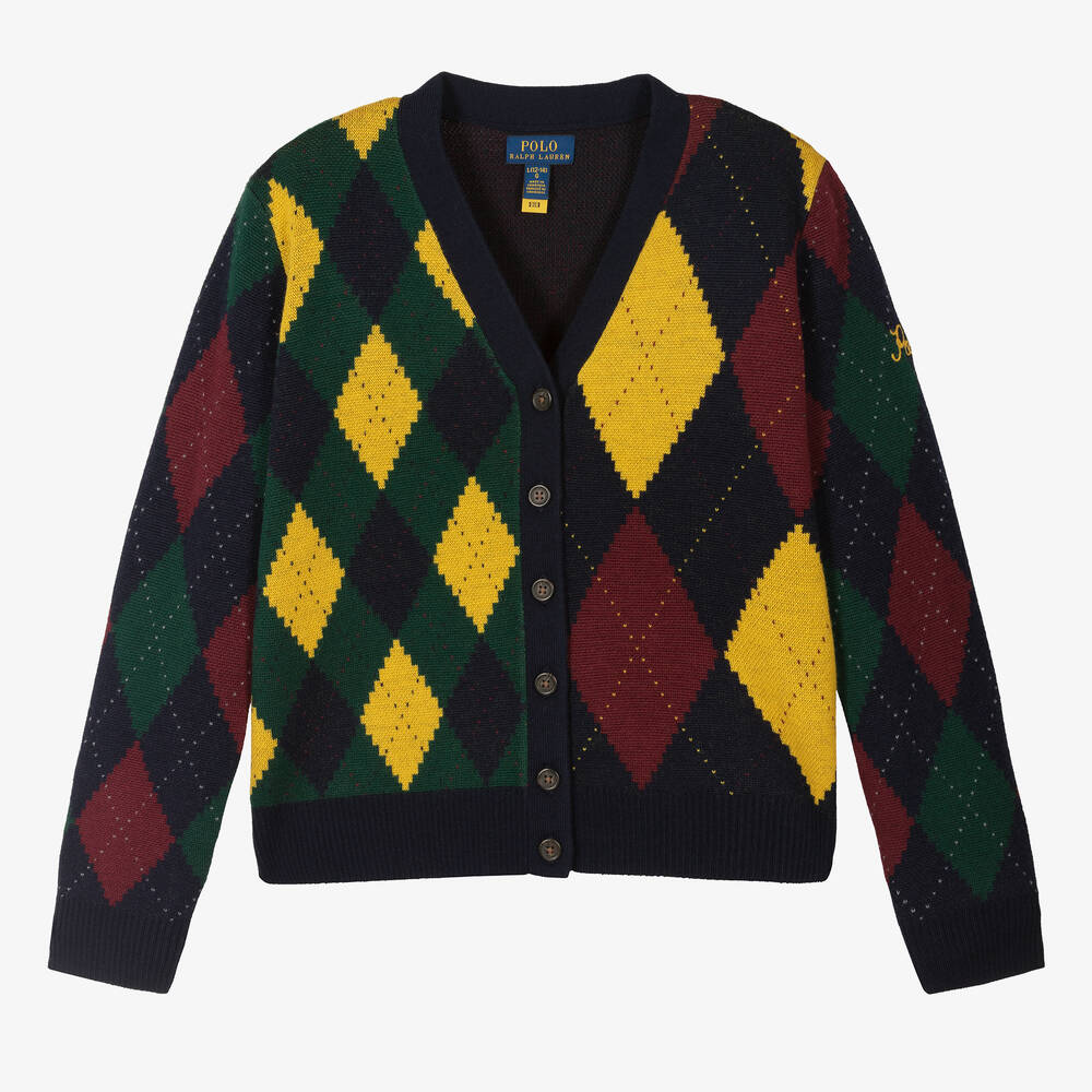 Ralph Lauren - Teen Girls Blue Wool  Argyle Cardigan | Childrensalon