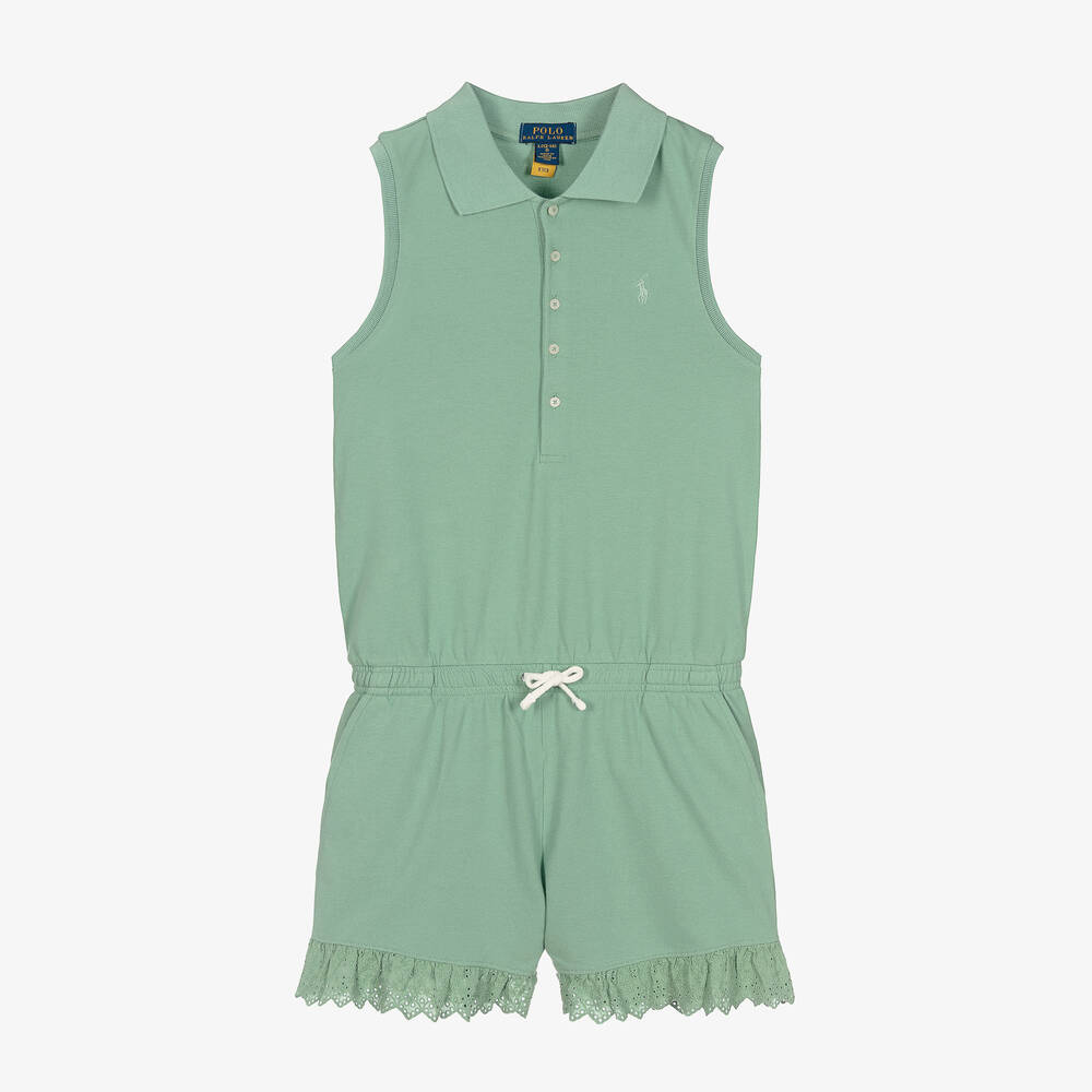 Polo Ralph Lauren - Combishort polo vert en coton ado | Childrensalon