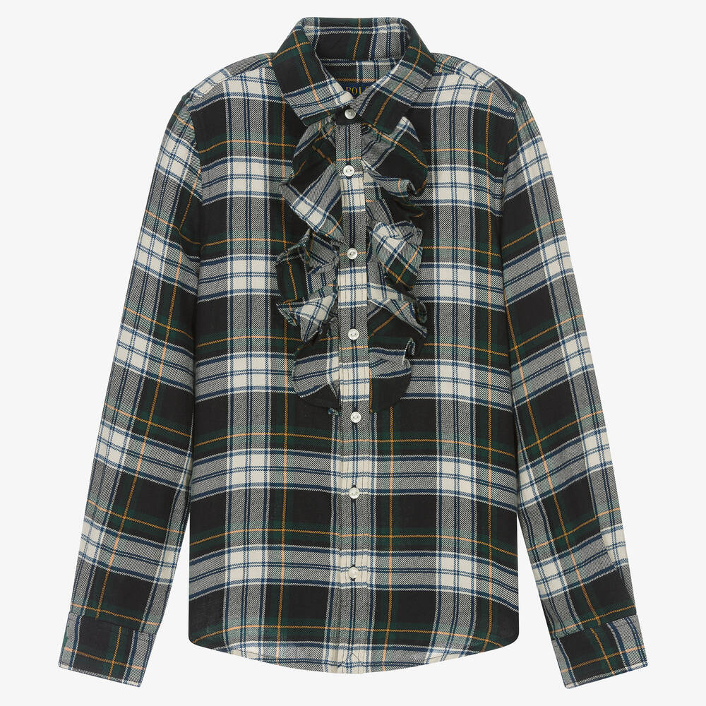 Ralph Lauren-Teen Girls Green Cotton Tartan Frill Blouse | Childrensalon Outlet
