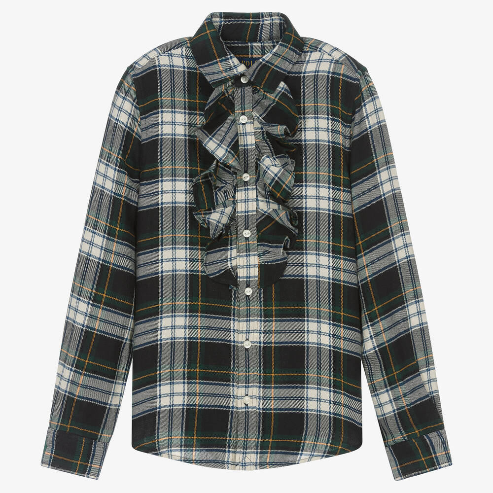 Ralph Lauren - Teen Girls Green Cotton Tartan Frill Blouse | Childrensalon