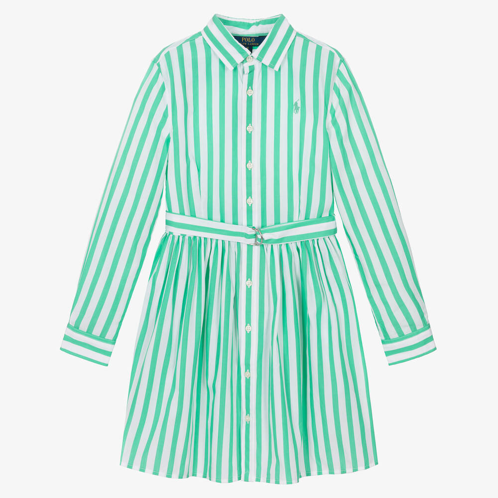 Ralph Lauren - فستان قميص قطن بوبلين لون أبيض وأخضر | Childrensalon