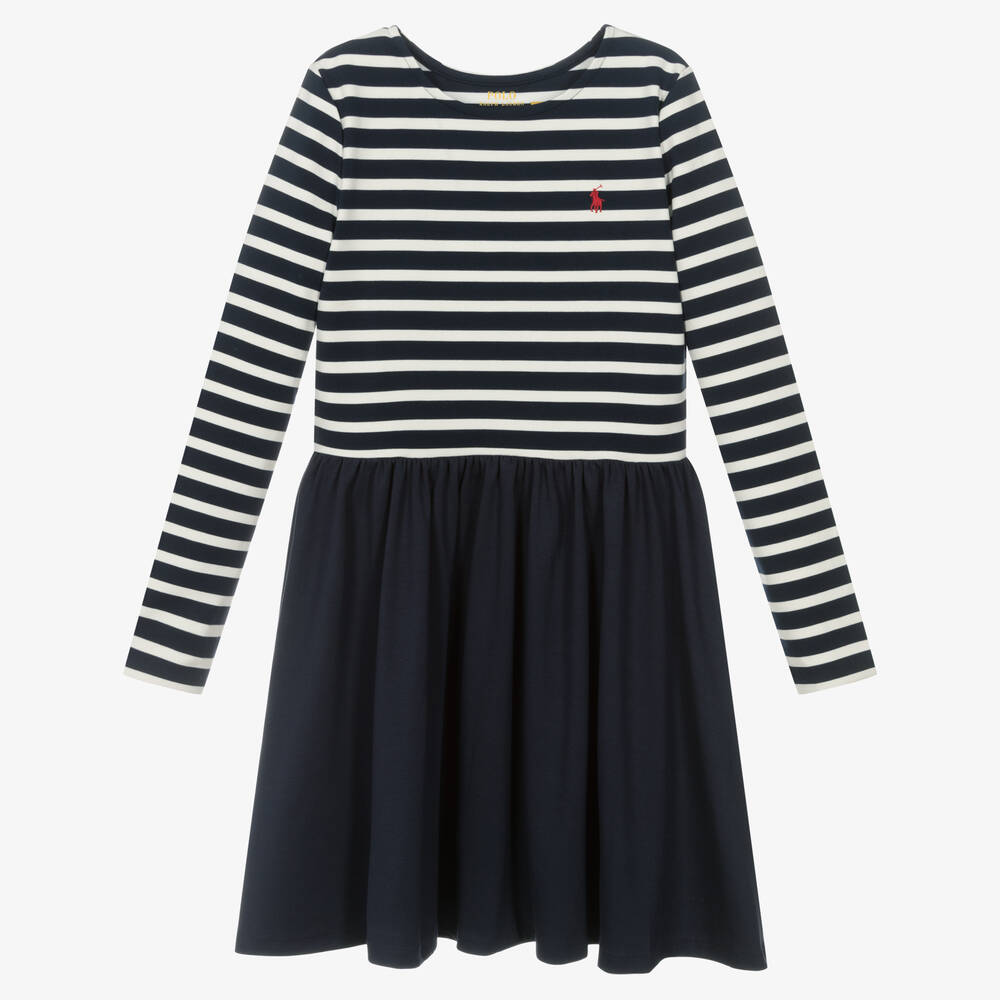 Polo Ralph Lauren - فستان تينز بناتي ميلانو جيرسي مقلم لون كحلي وأبيض | Childrensalon