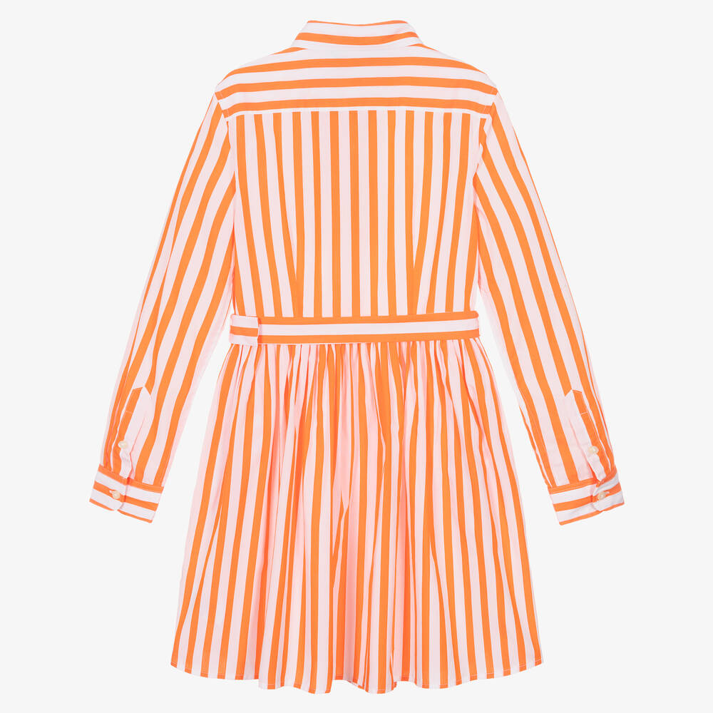 Ralph Lauren-فستان قميص قطن بوبلين لون أبيض وبرتقالي | Childrensalon Outlet