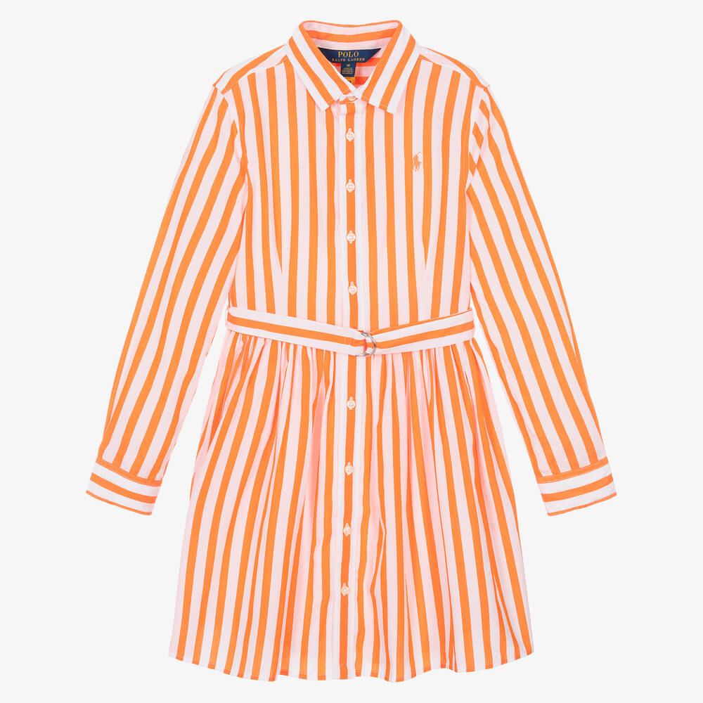 Ralph Lauren - فستان قميص قطن بوبلين لون أبيض وبرتقالي | Childrensalon