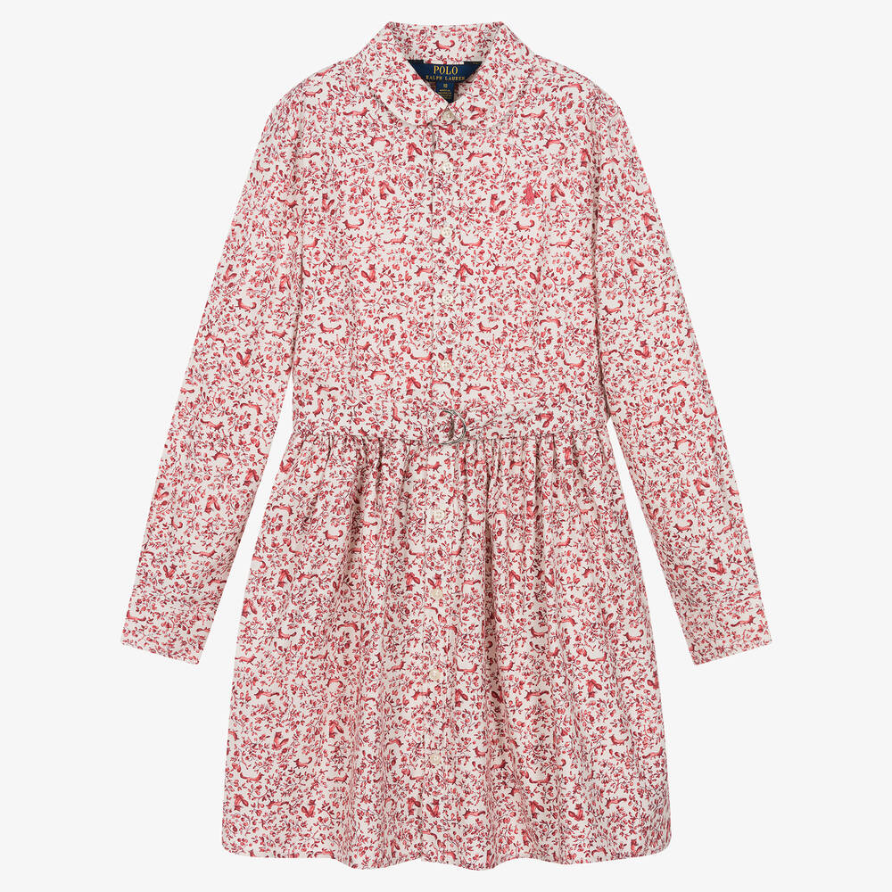 Ralph Lauren - فستان بطبعة ورود قطن لون زهري تينز بناتي  | Childrensalon