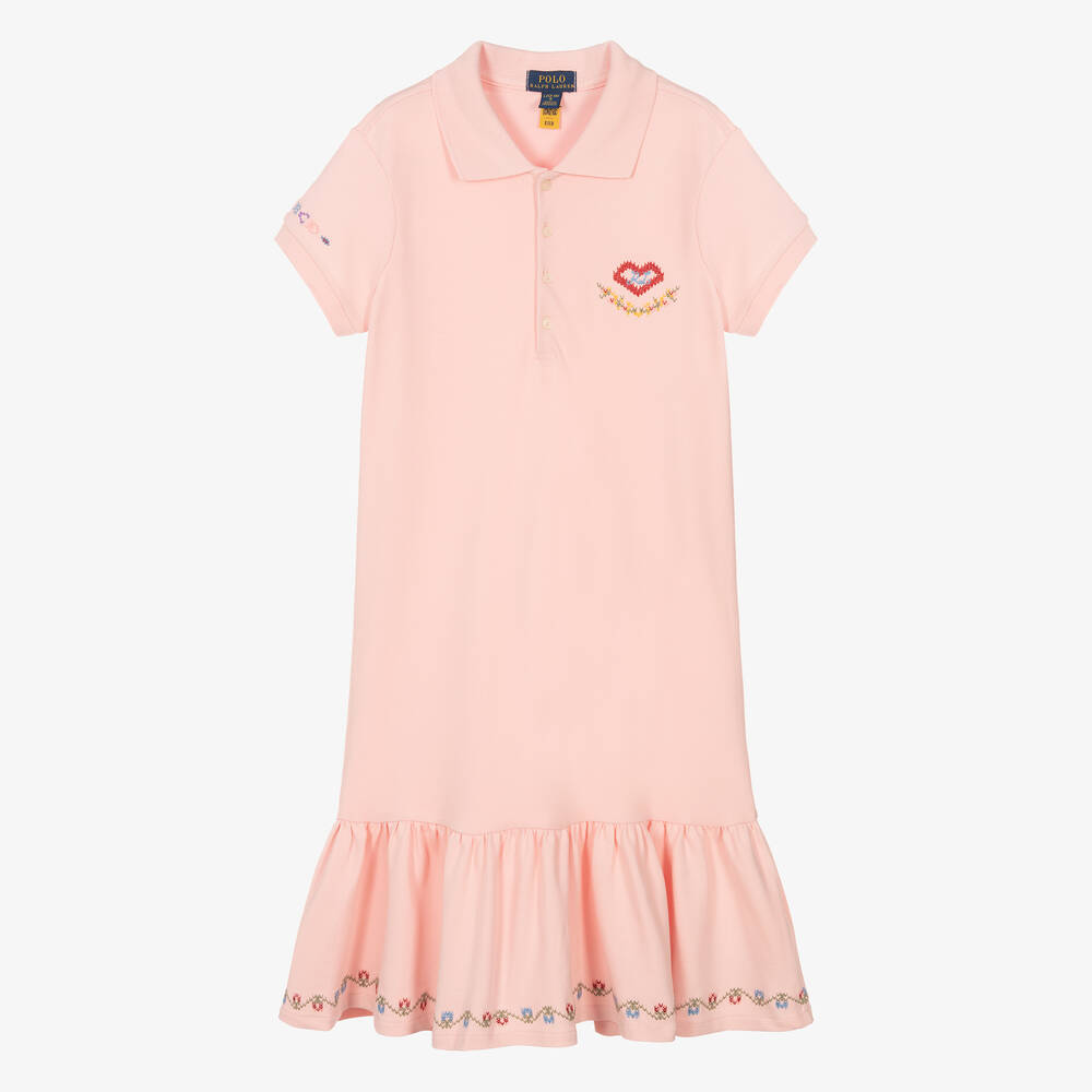 Polo Ralph Lauren - فستان تينز بناتي قطن بيكيه لون زهري | Childrensalon