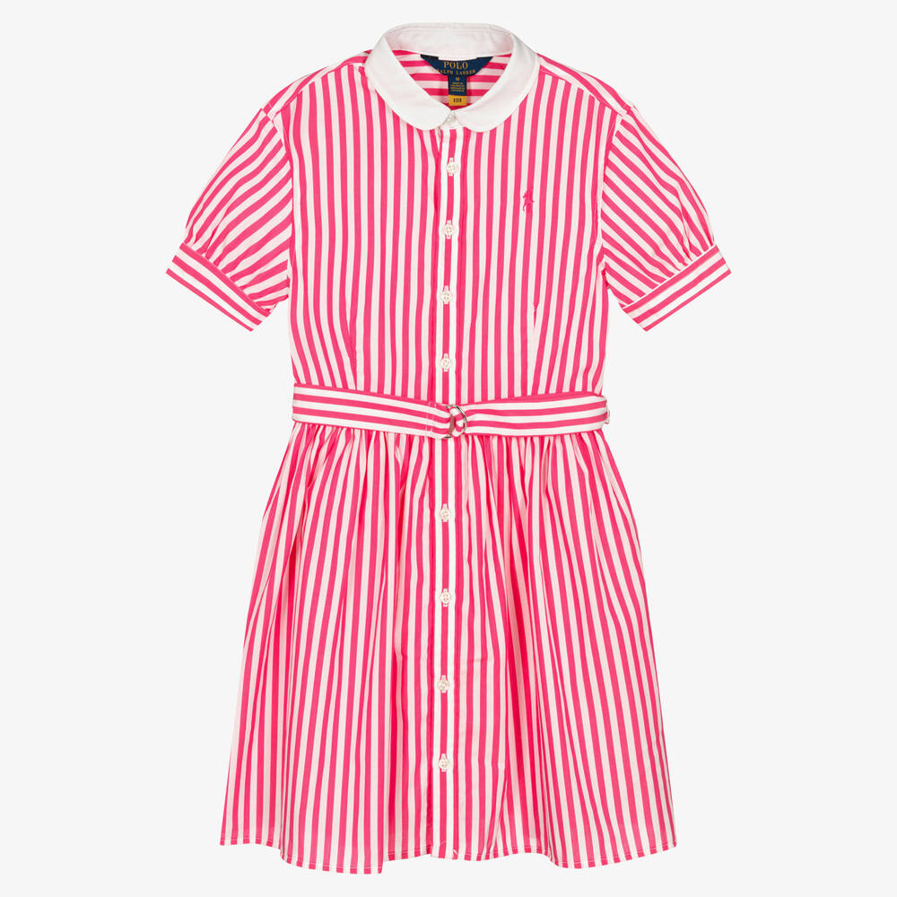 Polo Ralph Lauren - فستان تينز بناتي قطن بوبلين مقلم لون زهري وأبيض | Childrensalon