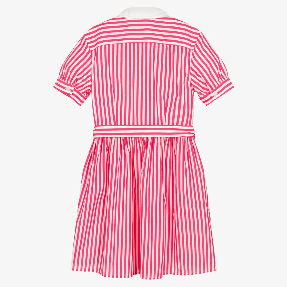 Polo Ralph Lauren-فستان تينز بناتي قطن بوبلين مقلم لون زهري وأبيض | Childrensalon Outlet
