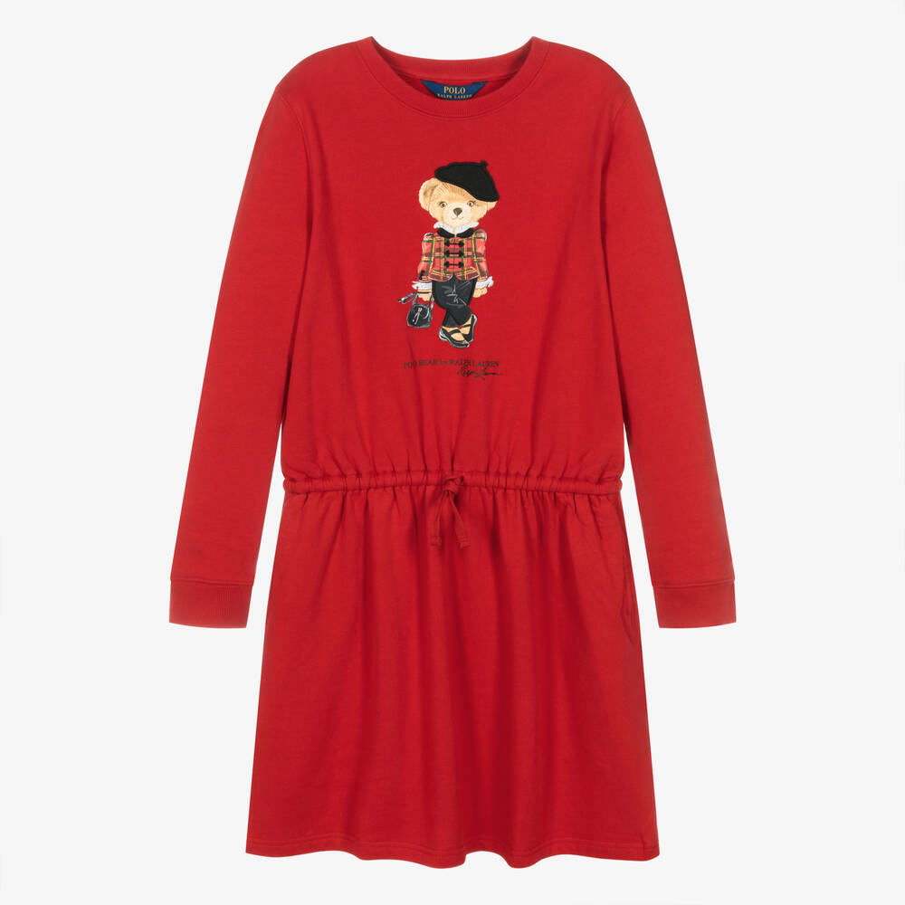 Ralph Lauren - فستان بطبعة بير قطن جيرسي لون أحمر تينز بناتي | Childrensalon