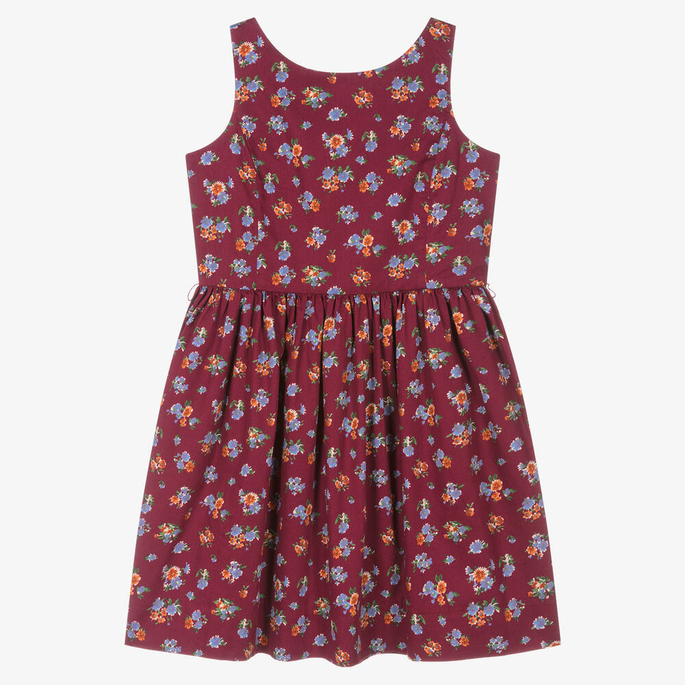 Ralph Lauren-فستان بطبعة ورود قطن لون أحمر تينز بناتي | Childrensalon Outlet