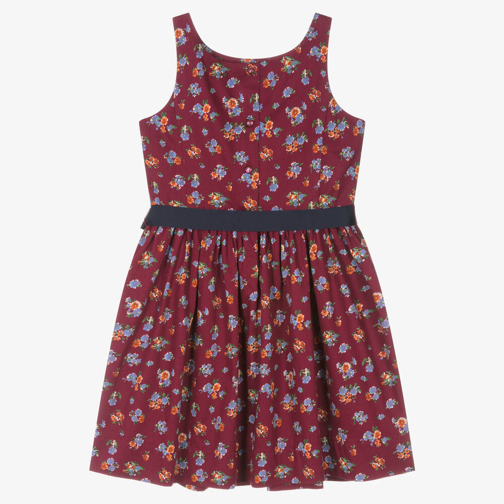 Ralph Lauren-فستان بطبعة ورود قطن لون أحمر تينز بناتي | Childrensalon Outlet