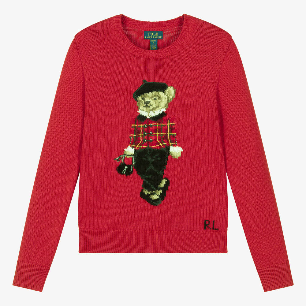 Ralph Lauren - Pull rouge en maille Polo Bear | Childrensalon