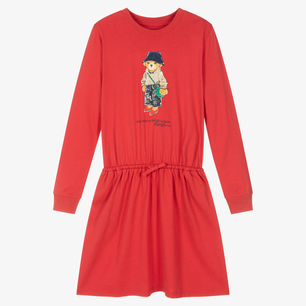 Ralph Lauren - فستان تينز بناتي قطن جيرسي لون أحمر | Childrensalon