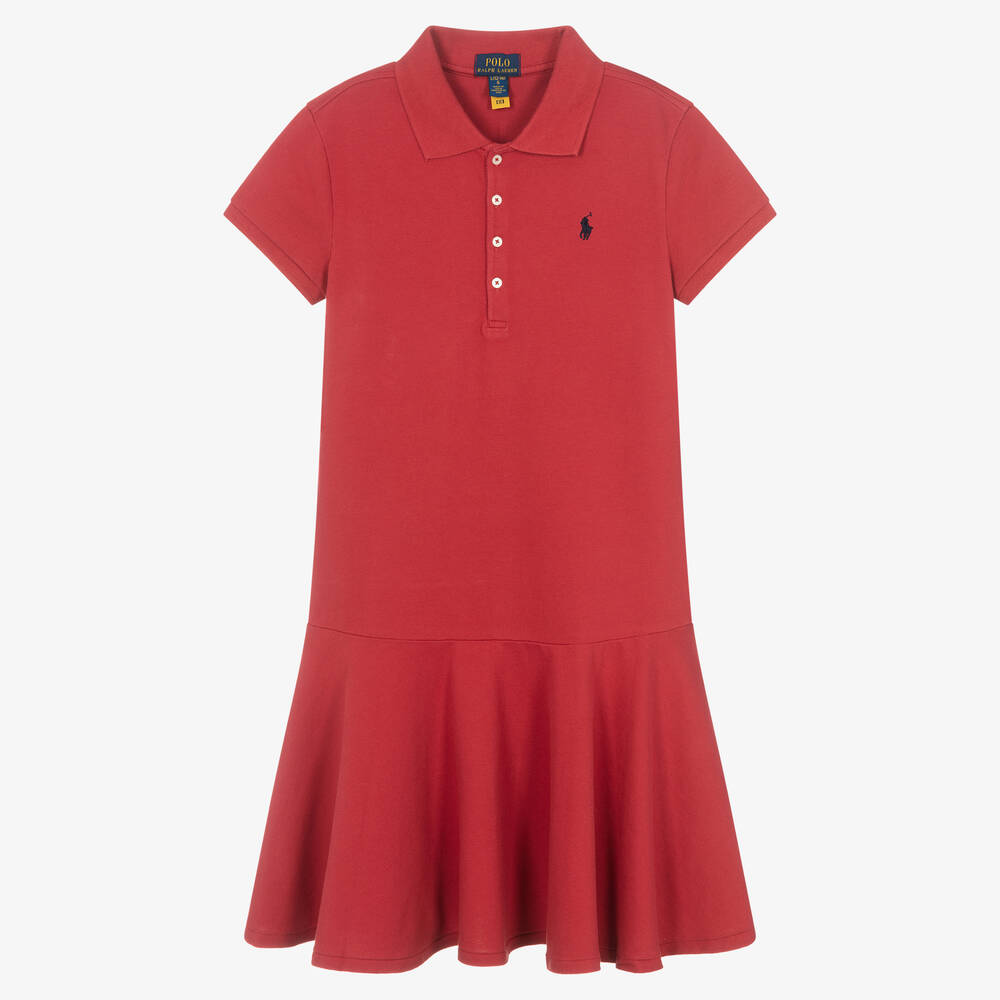 Polo Ralph Lauren - فستان بولو تينز بناتي قطن بيكيه لون أحمر | Childrensalon