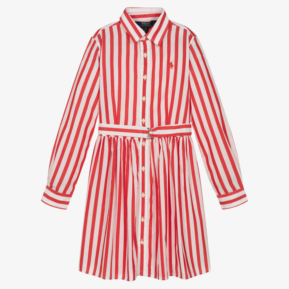 Polo Ralph Lauren - فستان تينز بناتي قطن بوبلين مقلم لون أحمر وأبيض | Childrensalon