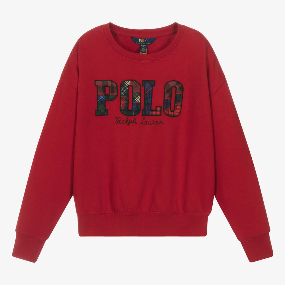 Ralph Lauren - Sweat-shirt rouge tartan appliqué | Childrensalon