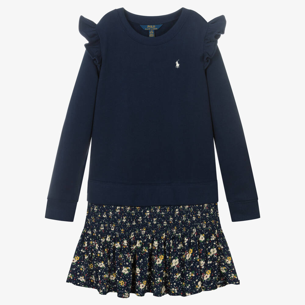 Polo Ralph Lauren - فستان سويتشيرت قطن جيرسي وفيسكوز لون كحلي | Childrensalon