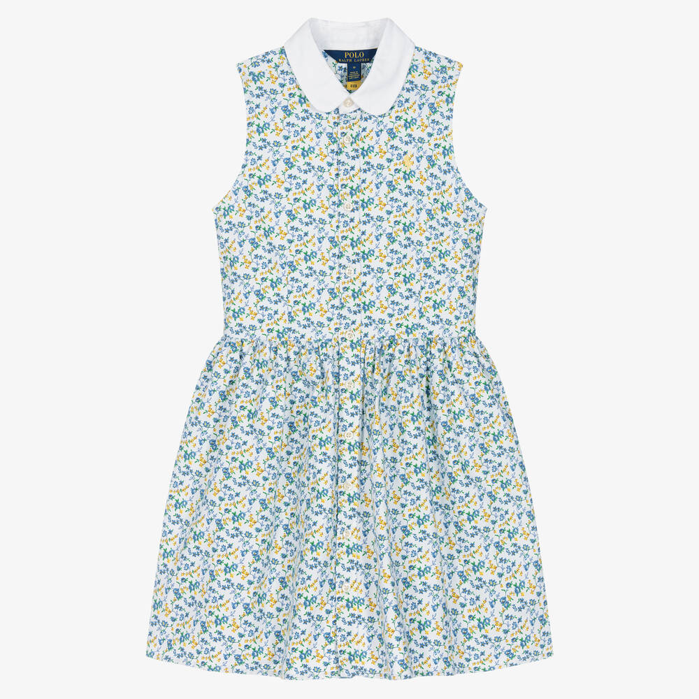 Ralph Lauren - فستان قطن أكسفورد لون أبيض وأزرق بطبعة ورود | Childrensalon