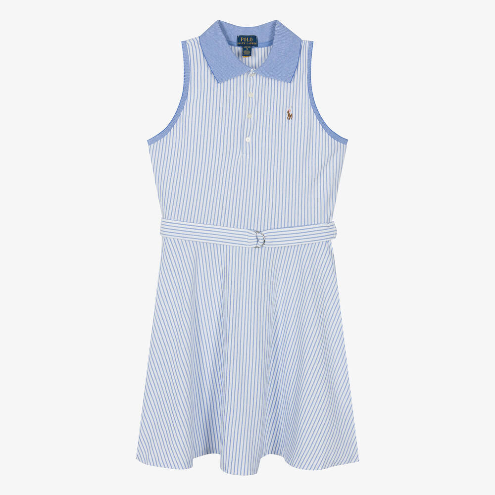 Ralph Lauren-فستان قطن بيكيه مقلم لون أبيض وأزرق للمراهقات | Childrensalon Outlet