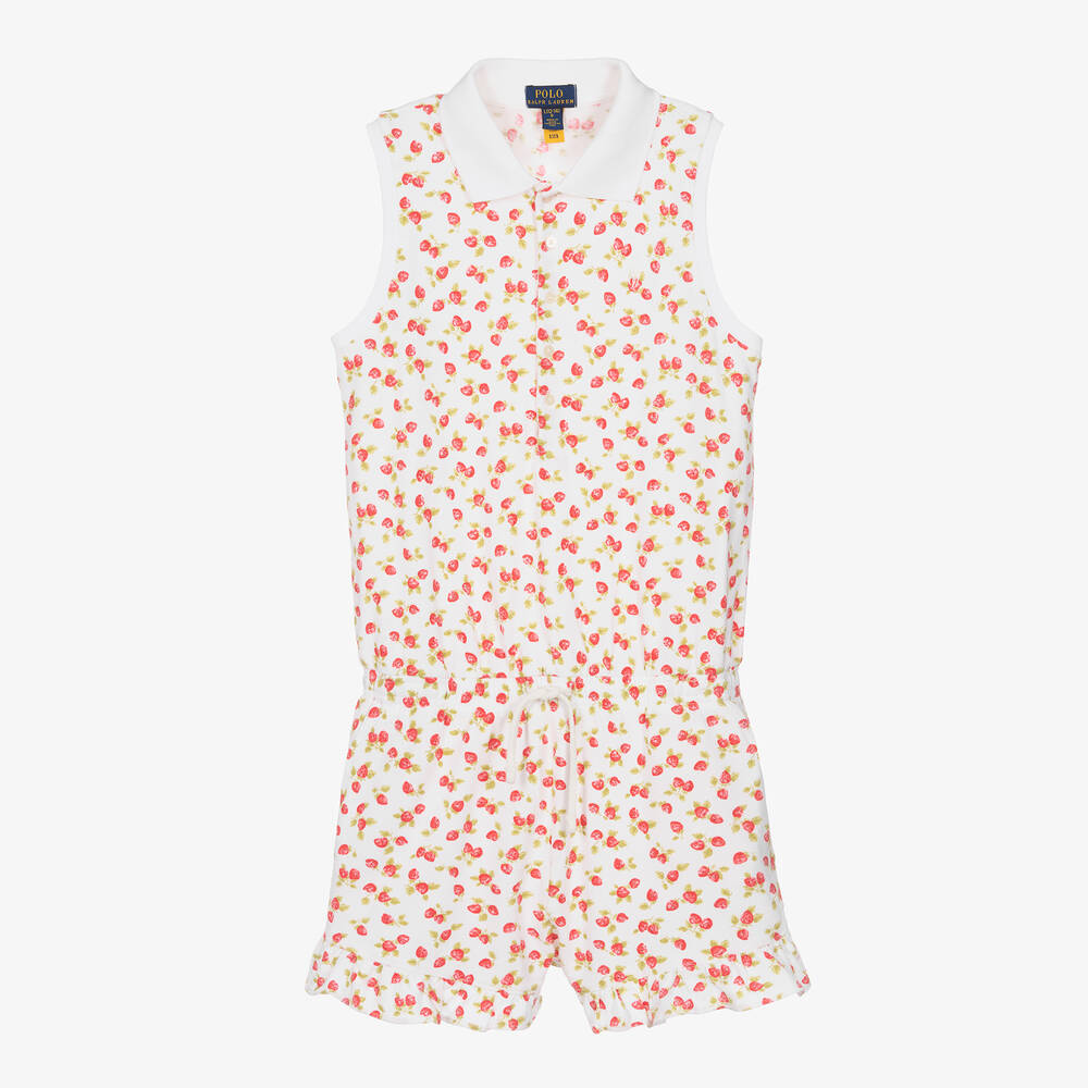 Ralph Lauren - Combishort blanc en coton à fraises | Childrensalon
