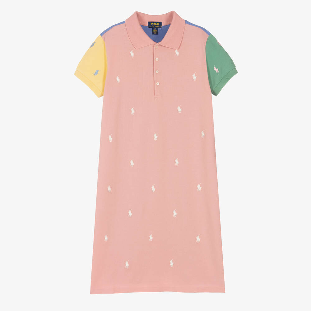 Polo Ralph Lauren - فستان تينز قطن بيكيه لون زهري بطبعة ملونة | Childrensalon