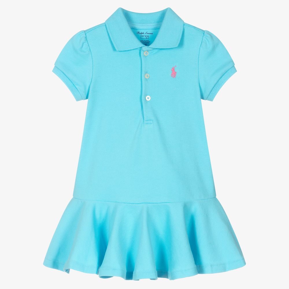Ralph Lauren - طقم فستان بولو قطن بيكيه لون أزرق تركواز  | Childrensalon