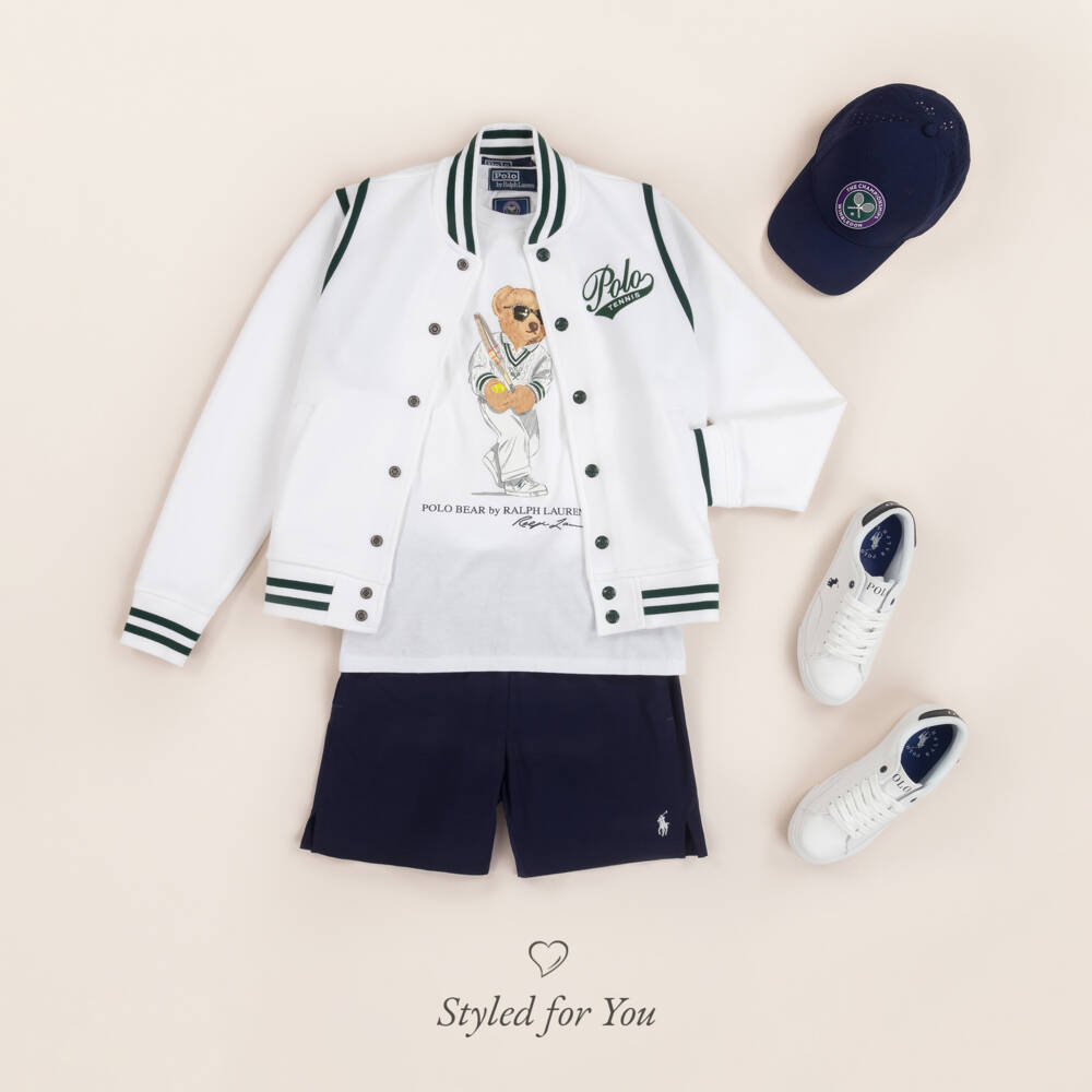 Ralph Lauren-White & Blue Faux Leather Lace-Up Trainers | Childrensalon Outlet