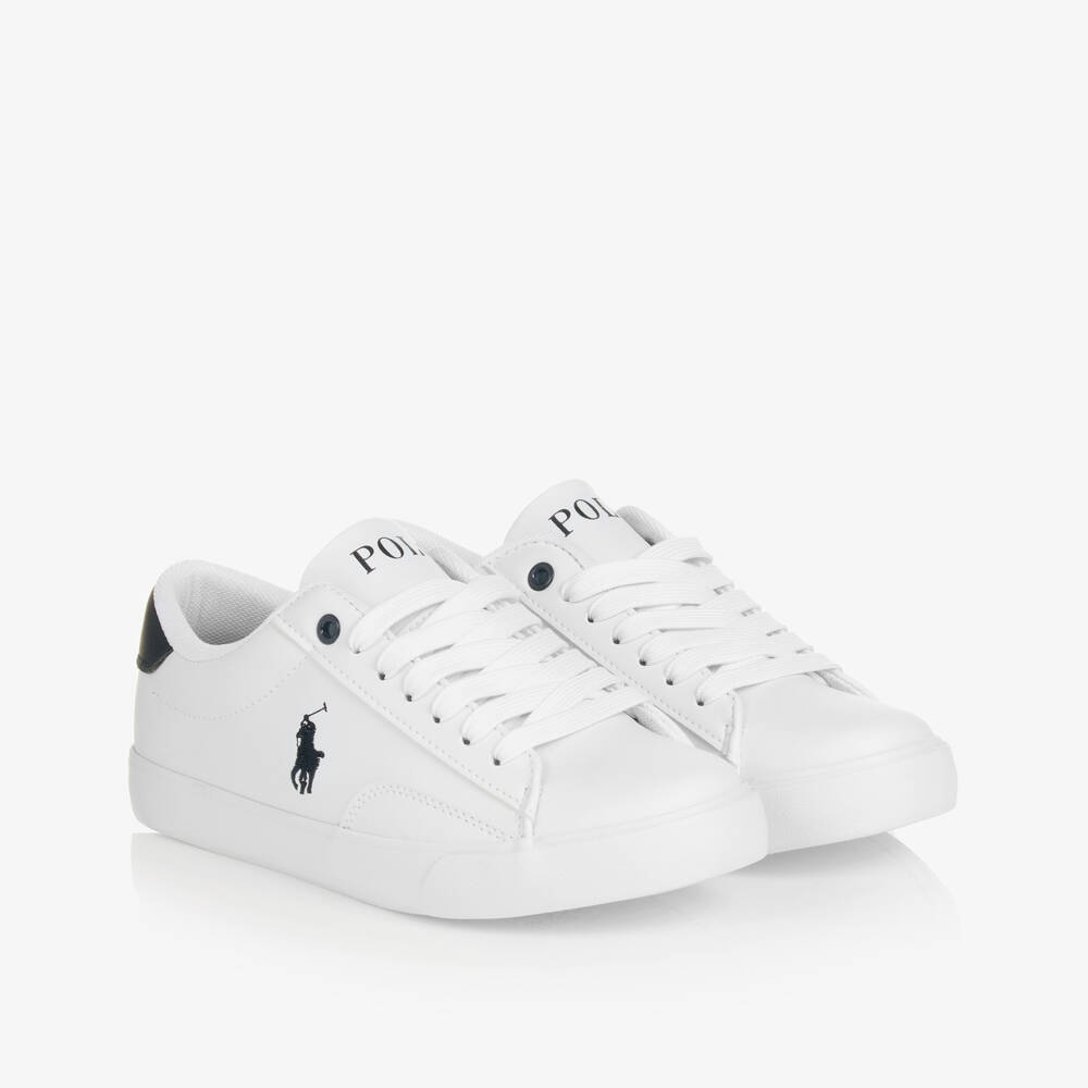 Ralph Lauren-White & Blue Faux Leather Lace-Up Trainers | Childrensalon Outlet