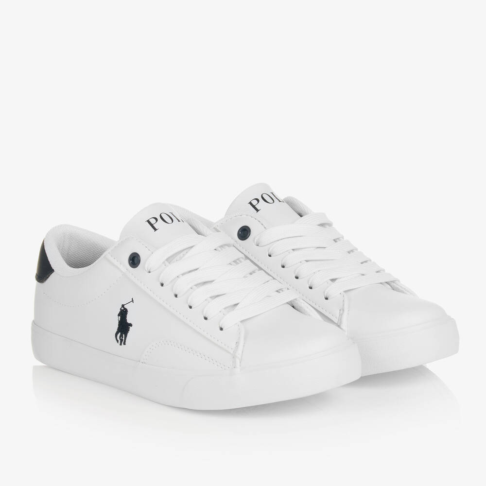 White Blue Faux Leather Lace Up Trainers