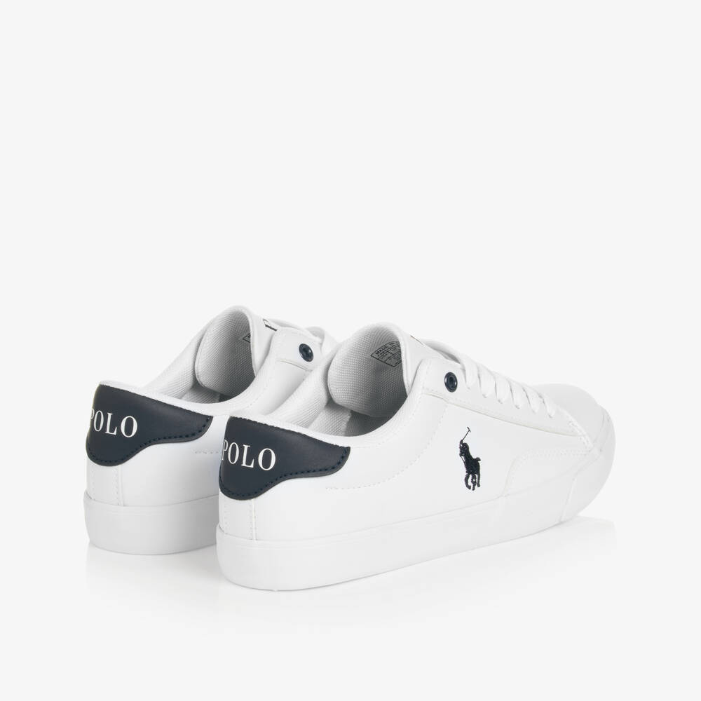 Ralph Lauren-White & Blue Faux Leather Lace-Up Trainers | Childrensalon Outlet