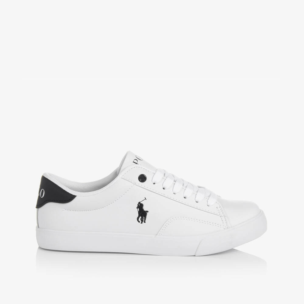 Ralph Lauren-White & Blue Faux Leather Lace-Up Trainers | Childrensalon Outlet