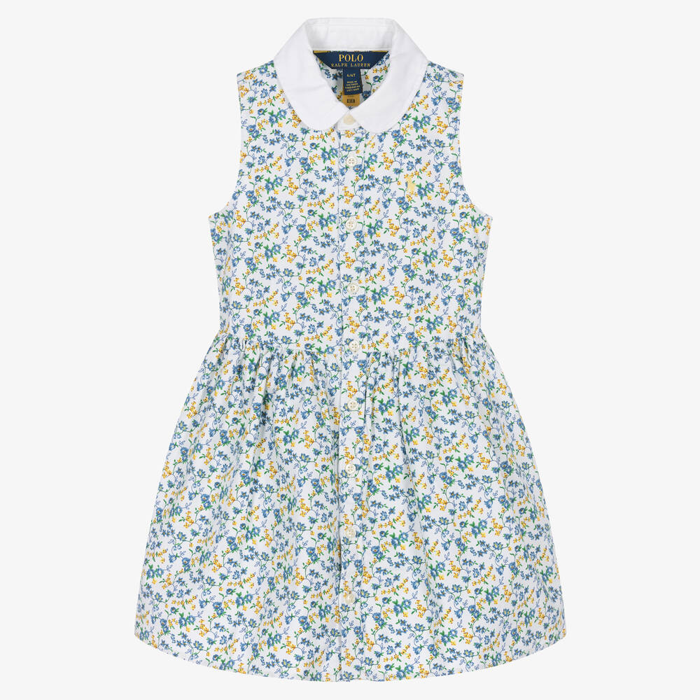 Ralph Lauren - Robe Oxford blanche bleue à fleurs | Childrensalon