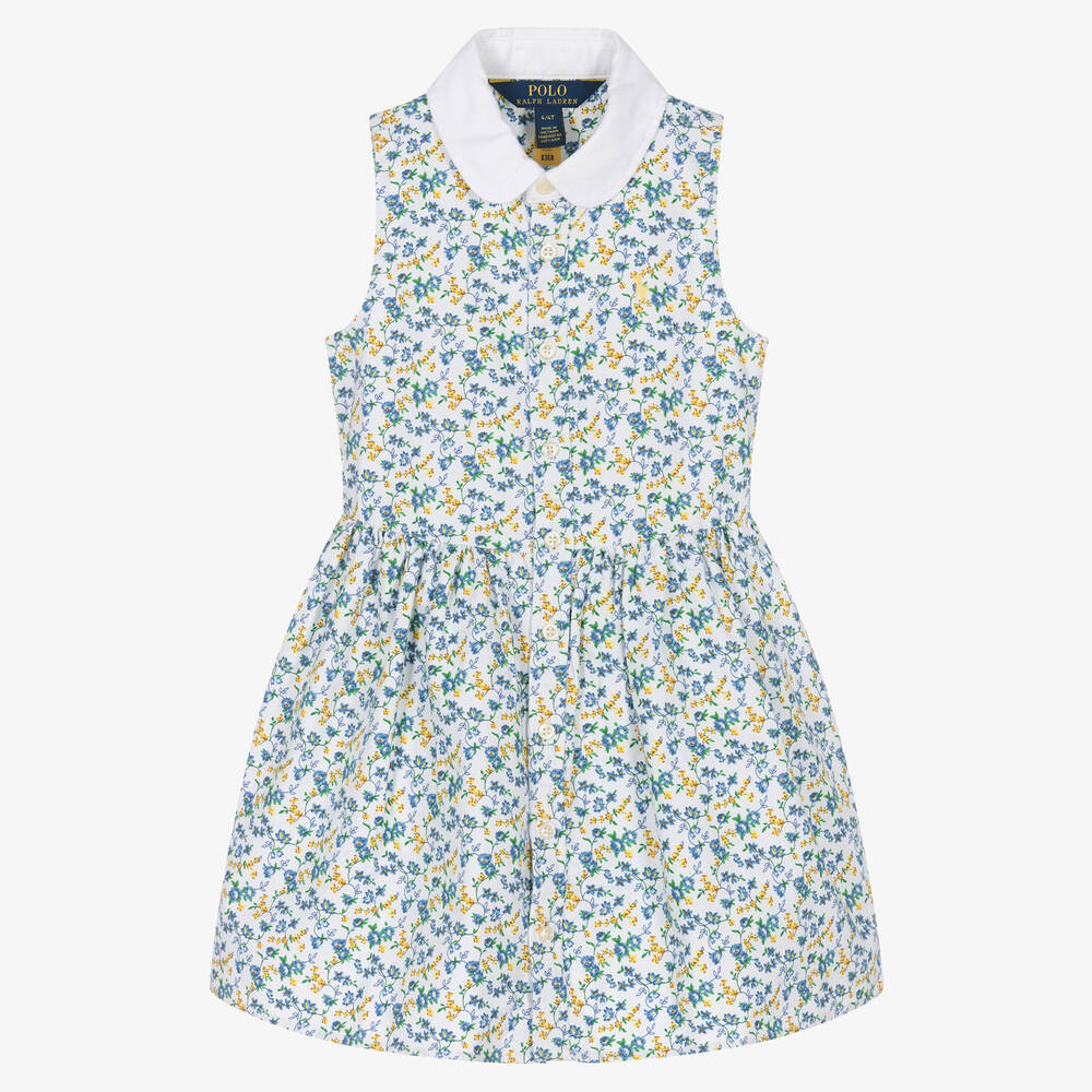 Ralph Lauren-White & Blue Floral Oxford Cotton Dress | Childrensalon Outlet