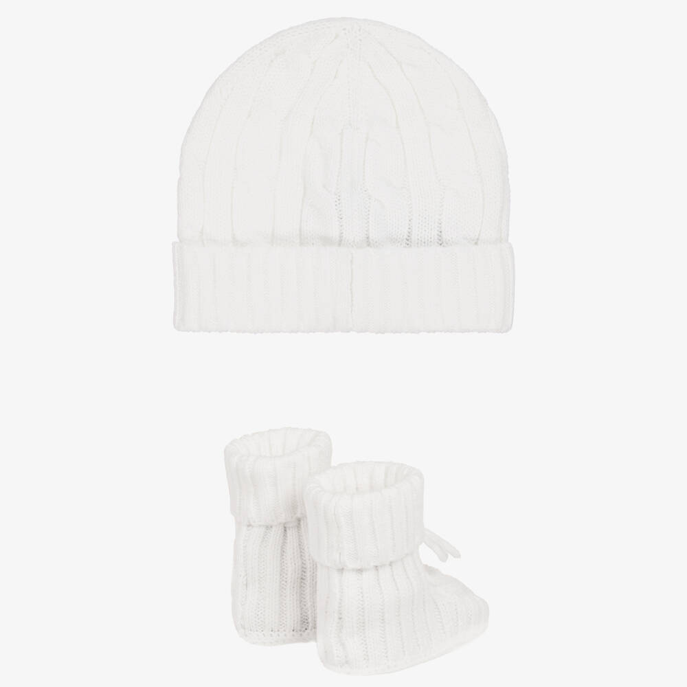 Ralph Lauren-White Cotton Knit Hat & Booties Set | Childrensalon Outlet