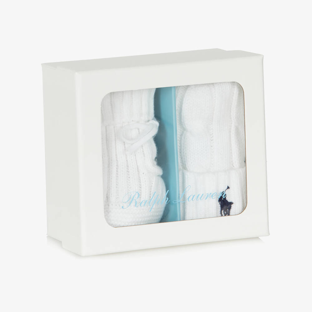 Ralph Lauren-White Cotton Knit Hat & Booties Set | Childrensalon Outlet