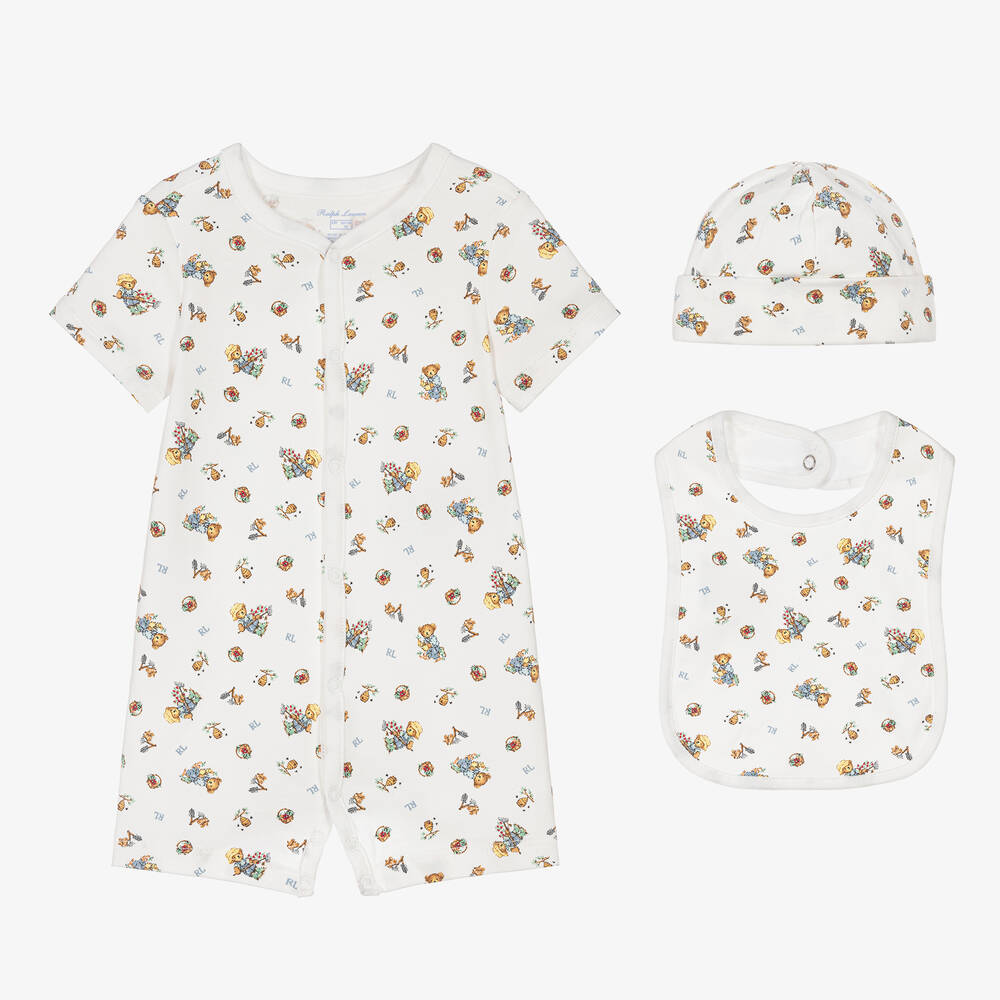 Ralph Lauren - White Cotton Polo Bear Babysuit Gift Set | Childrensalon